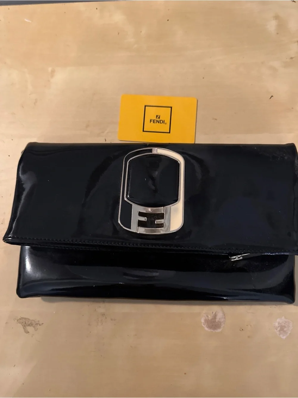 Fendi Black Patent Leather Clutch with Silver FF Buckle